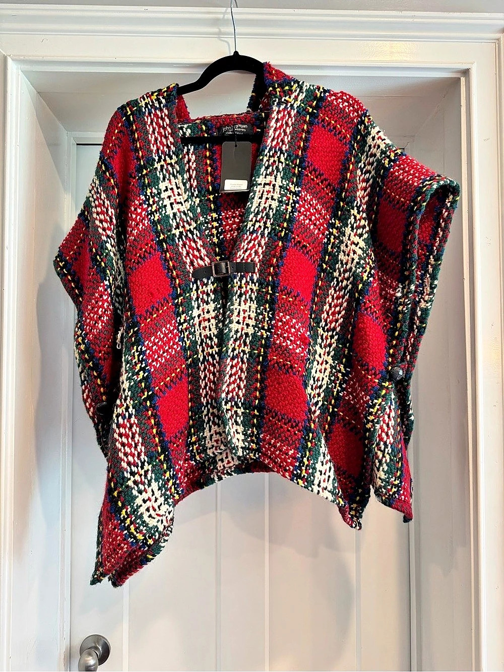 john branigan Branigan Weavers Plaid Knit Poncho in Red & Green